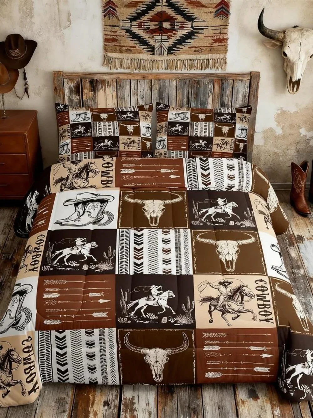 Cowboy Comforter Set Full Size,Southwestern Aztec Country Horse Bedding Set 3pcs